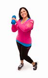 Attractive Middle Aged Hispanic Woman In Workout Clothes Lifting Dumbbell Against a White Background.