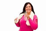 Attractive Middle Aged Hispanic Woman In Workout Clothes with Water Bottle and Towel Against a White Background.