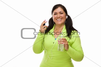 Attractive Middle Aged Hispanic Woman In Workout Clothes with Music Player, Headphones and Water Against a White Background.