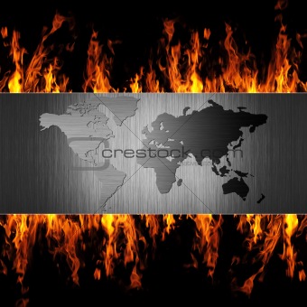 abstract metal world map on fire flame