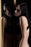 sexy woman in underwear next to a mirror