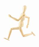 Wooden mannequin running isolated on white background