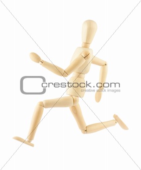 Wooden mannequin running isolated on white background