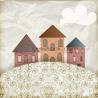 vector retro background with old houses, place for your text