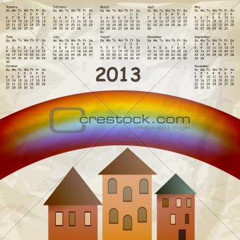 vector 2013 calendar on abstract background with rainbow and old