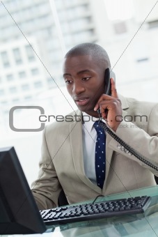 Portrait of a focused office worker making a phone call