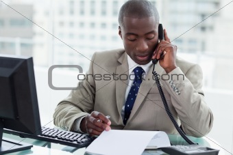 Entrepreneur making a phone call while reading a document