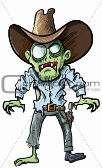 Cartoon cowboy zombie with gun belt and hat