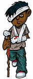 Cartoon injured indian man with walking stick and bandages