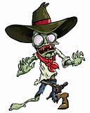 Cartoon cowboy zombie with gun belt and hat.