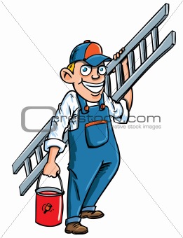 Cartoon painter with a ladder and paint bucket