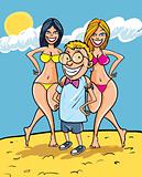 Cartoon nerd with two girls in bikinis