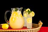 Pitcher And Glasses Of Cold Fresh Squeezed Lemonade On Rattan Tr
