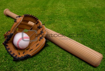 Baseball glove,bat and ball on grass
