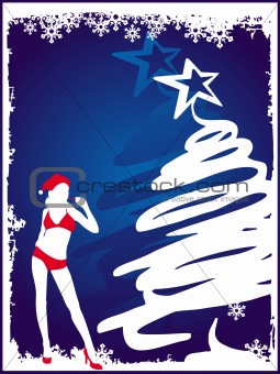 Christmas tree with girl background in blue