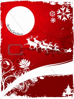 Christmas on red background with flying Santa Claus