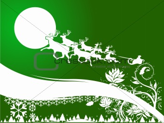 Vector Santa Claus goes with gifts on reindeers illustration background 