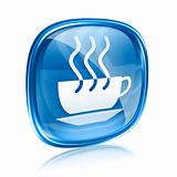 coffee cup icon blue glass, isolated on white background.