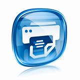 printer icon blue glass, isolated on white background.