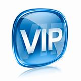VIP icon blue glass, isolated on white background.