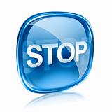 Stop icon blue glass, isolated on white background