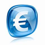 Euro icon blue glass, isolated on white background