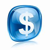 dollar icon blue glass, isolated on white background