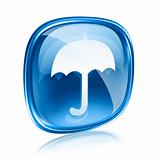 Umbrella icon blue glass, isolated on white background