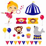 Fun circus icons and elements set isolated on white
