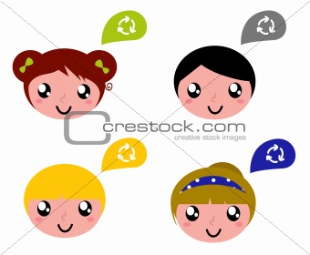 Cute recycle kids with speech bubbles set