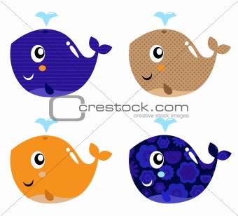 Cute abstract whale set isolated on white