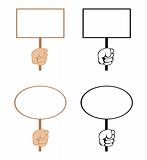 Cartoon hands with empty rectangular and ellipse blank signs. Vector.