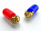 Red and blue pills with golden coins on white background