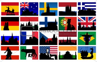 set of silhouettes of monuments with flags