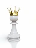 3D render of white pawn with golden crown isolated on white background.