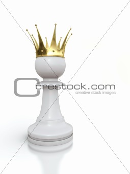 3D render of white pawn with golden crown isolated on white background.