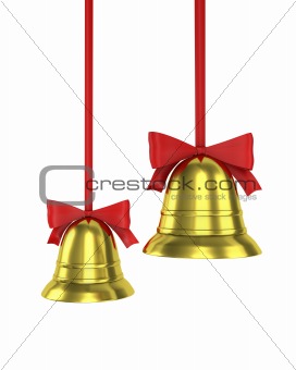 Two Christmas bells with red ribbons