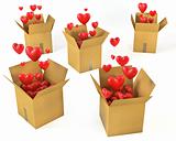 A lot of carton boxes with red hearts flying out of them