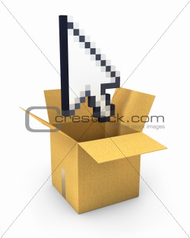 Pixel arrow cursor flies out of a carton box