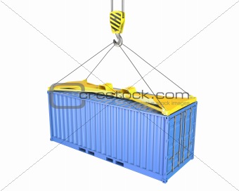 Freight container hoisted on container spreader