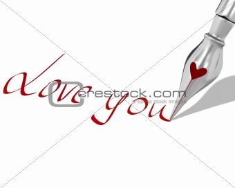 Ink pen nib with heart writes "Love you"
