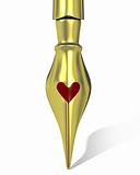 Golden ink pen nib with a heart shaped hole