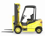 Yellow fork lift truck side view