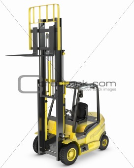 Yellow fork lift truck with raised fork