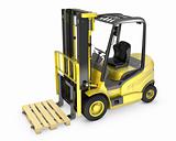 Yellow fork lift truck, with a pallet