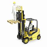 Abstract white man in a fork lift truck, lifting other worker on