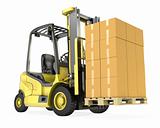 Yellow fork lift truck with big stack of carton boxes