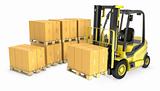 Yellow fork lift truck with stack of carton boxes