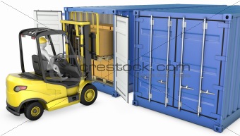 Yellow fork lift truck unloads cargo container