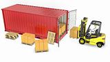 Yellow fork lift truck unloads red container
